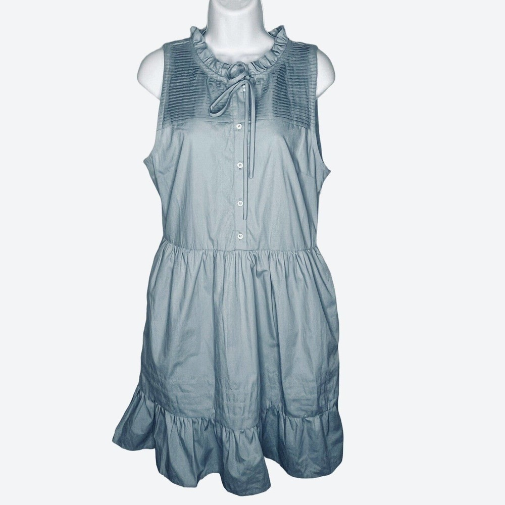 Moodie Slate Blue Dress S Cotton Poplin Half Button Ruffled Pockets Lined